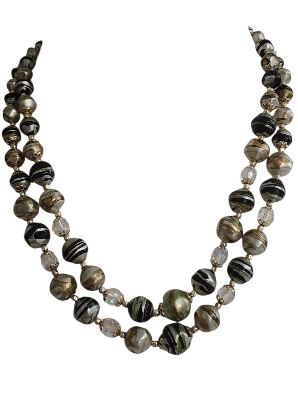 Vintage Black Gold Marbled Glass AB Crystal Beaded Double Strand Necklace